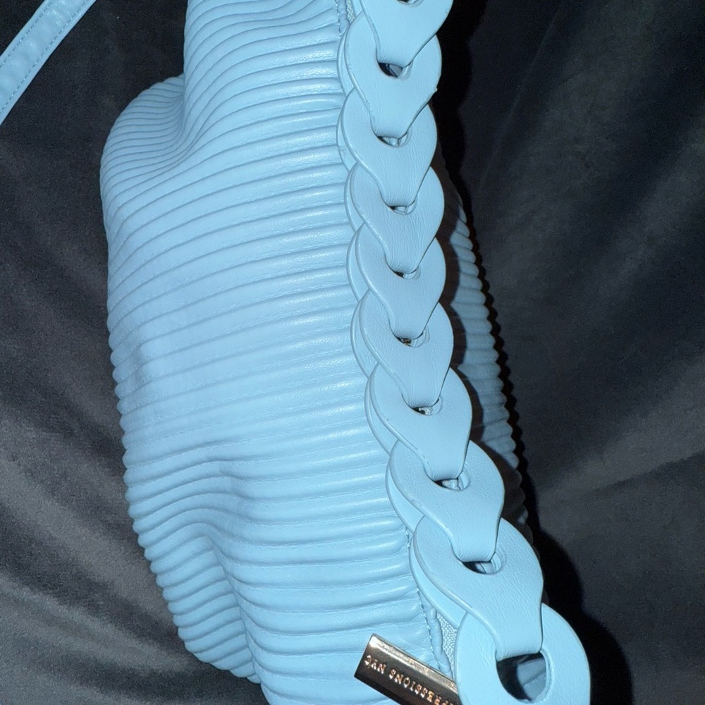 Expressions NYC Slouchy Pleated Powder Blue Crossbody Shoulder Bag w Link Strap - Picture 4 of 13